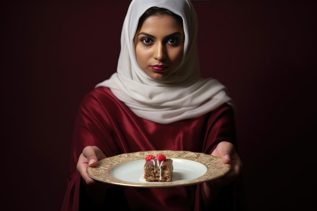 Mujer de habla árabe que ofrece postre
