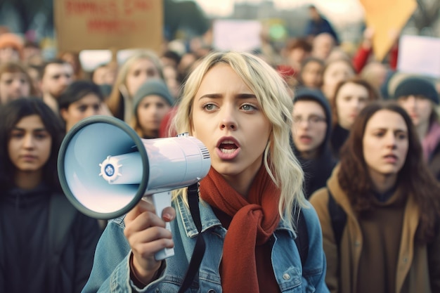 Una mujer habla a través de un megáfono mujeres se reunieron para protestar en defensa de los derechos de las mujeres