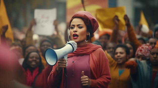 Mujer hablando por micrófono energiza a la multitud con una poderosa presentación Día de la Mujer