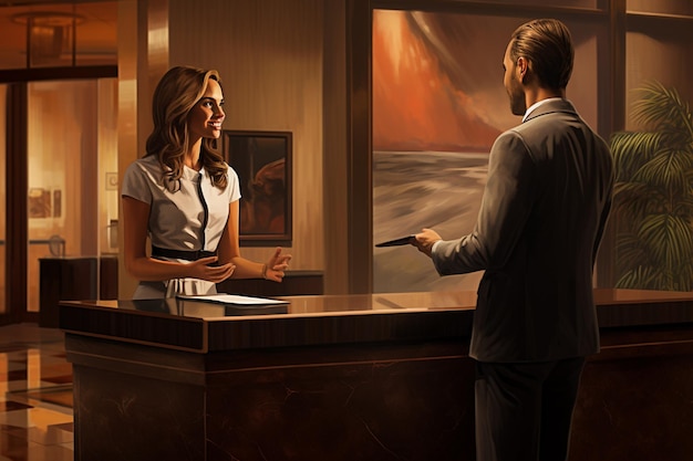 mujer hablando con una recepcionista del hotel en el vestíbulo