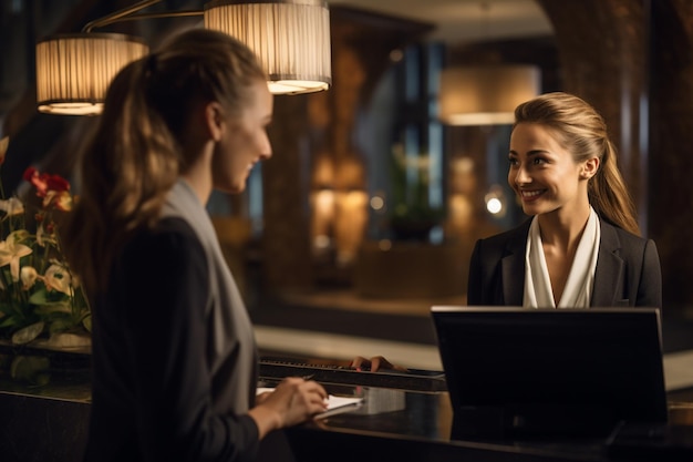 mujer hablando con una recepcionista del hotel en el vestíbulo