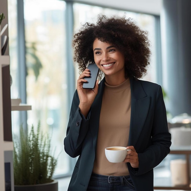 Foto una mujer hablando en un teléfono celular mientras sostiene una taza de café