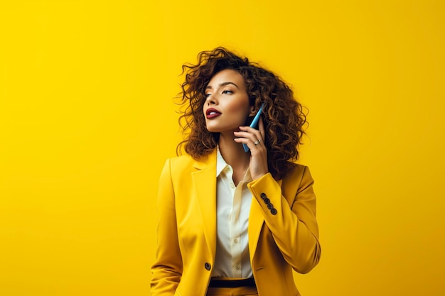 mujer hablando por teléfono en un fondo amarillo