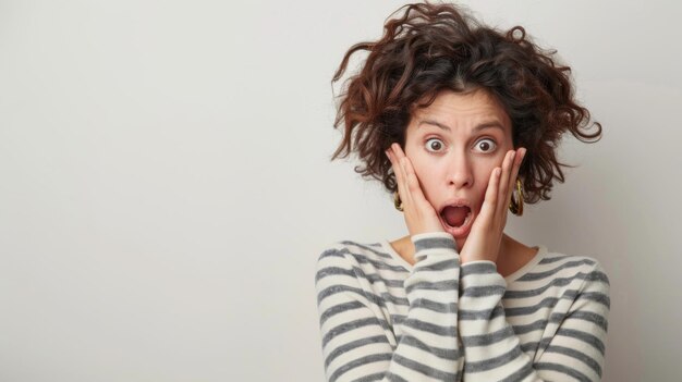 Una mujer hace una cara de sorpresa con las manos