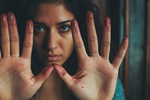 Foto una mujer hace un gesto para detenerse con su mano señalando su negativa a tolerar la violencia contra las mujeres