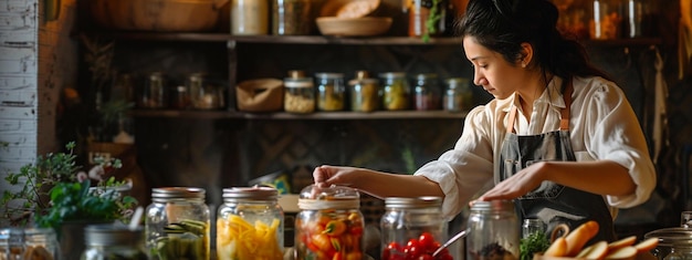 Una mujer hace latas de verduras enlatadas en una vieja cocina preparando la preservación para el invierno