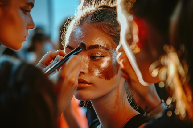 Una mujer se hace maquillar por un maquillador profesional