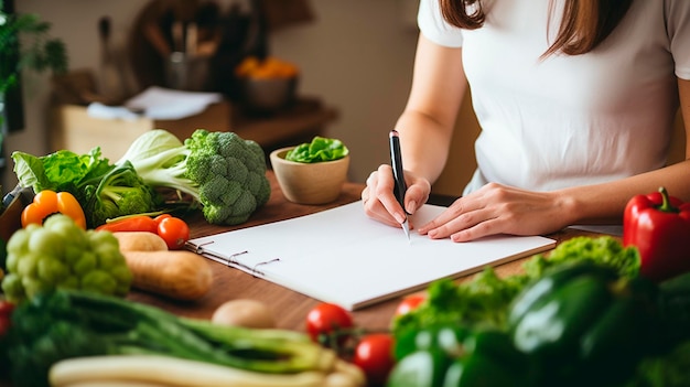 Foto una mujer hace un plan de comidas para perder peso mujer de ia generativa
