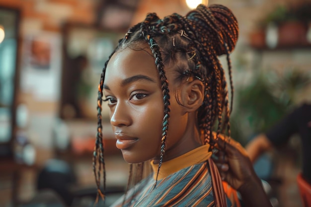 La mujer se hace las trenzas