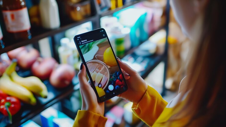 Foto mujer haciendo compras en línea usando su teléfono inteligente está comprando electrónica y casa ia generativa