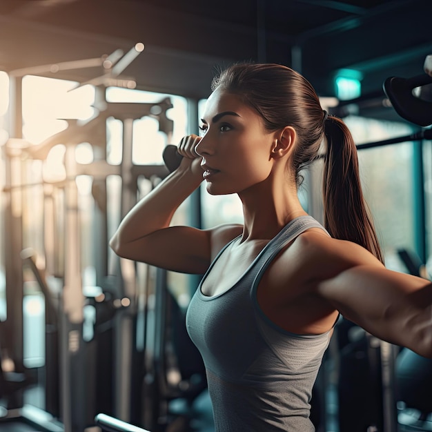 Una mujer haciendo ejercicio en un gimnasio con una mancuerna Generativa Ai