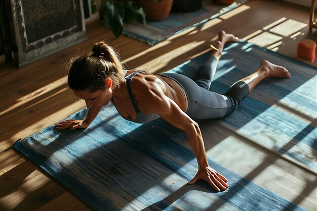 Foto mujer haciendo ejercicio en el suelo en casa