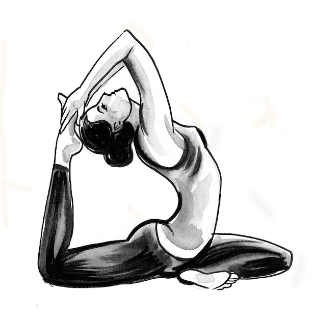 Mujer haciendo ejercicio de yoga. Dibujo a tinta y acuarela