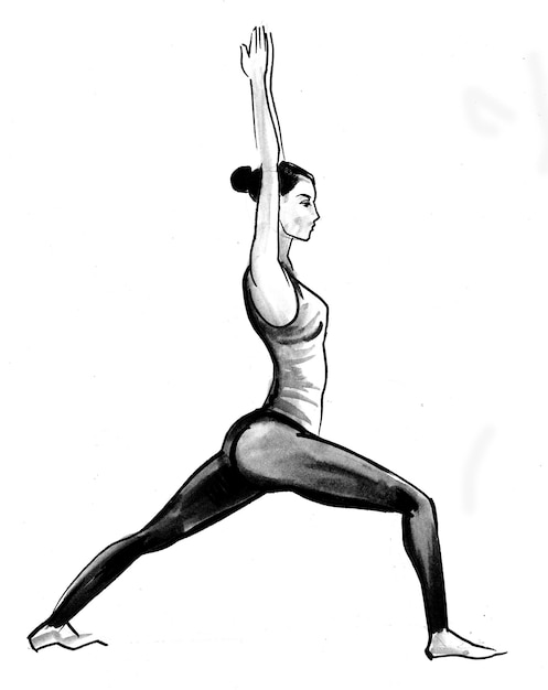 Foto mujer haciendo ejercicio de yoga. dibujo a tinta y acuarela