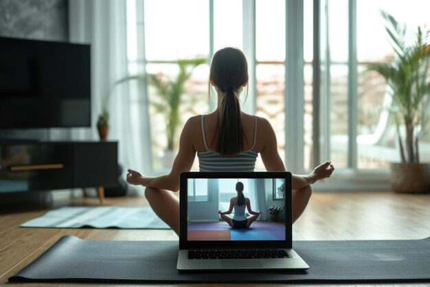 Foto mujer haciendo ejercicios en casa mientras ve el taller de fitness