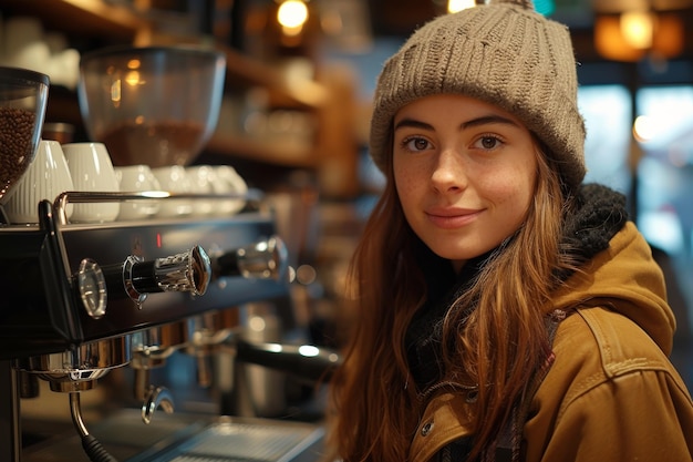 Mujer haciendo espresso en la máquina de café