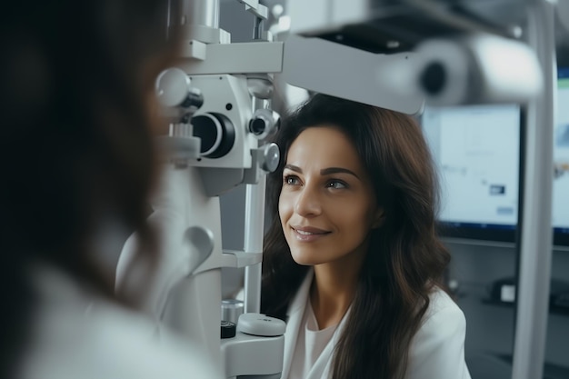 Mujer haciendo un examen ocular con un optometrista en una clínica de visión ocular