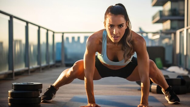 Mujer haciendo fitness en casa en el balcón