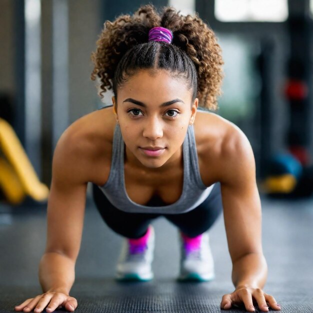 Foto una mujer está haciendo flexiones en un gimnasio con un lazo rosa