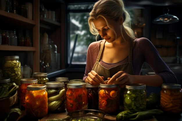 Mujer haciendo frascos de verduras conservadas en la cocina