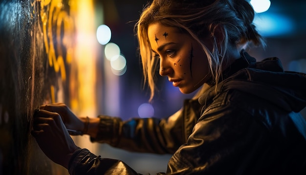 Mujer haciendo graffiti cyberpunk con pintura en aerosol en la calle