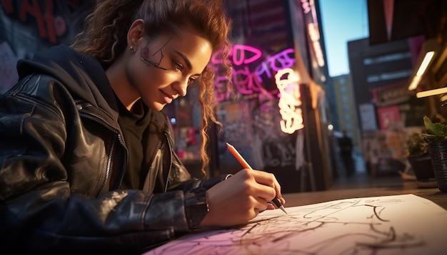 Mujer haciendo graffiti cyberpunk con pintura en aerosol en la calle