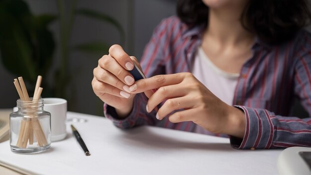 Mujer haciendo manicura en casa limpiando uñas con tabla de esmeril