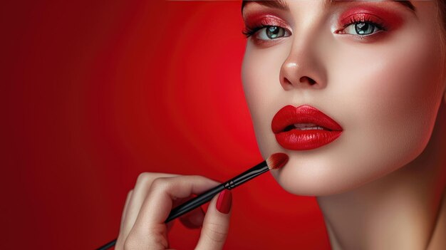 Foto una mujer se está haciendo el maquillaje con un pincel rojo