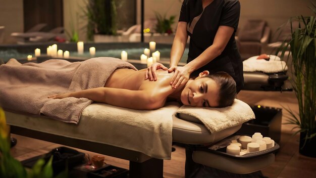 Mujer haciendo masaje corporal en el concepto de tratamiento de belleza del salón de spa