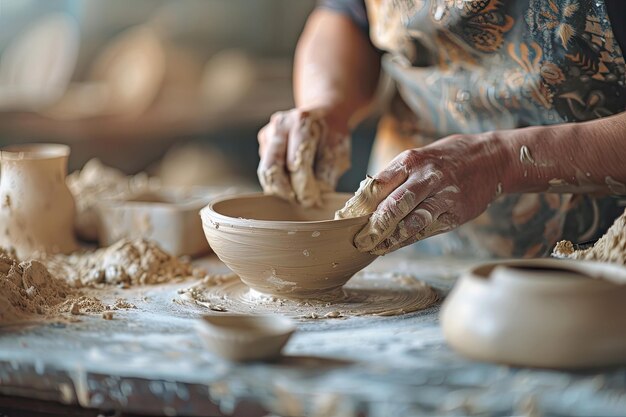 Foto una mujer haciendo una olla de arcilla con un diseño en el frente