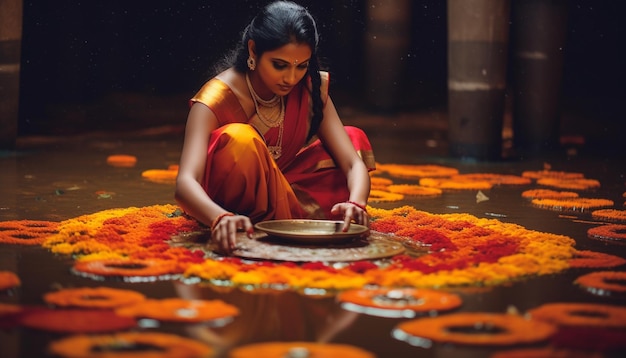 mujer haciendo una olla con flores