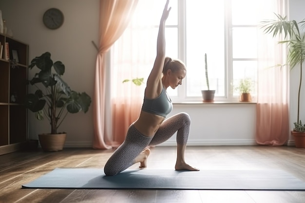 Una mujer haciendo una postura de yoga en una alfombra en el interior de homexAilustración Ai generativa