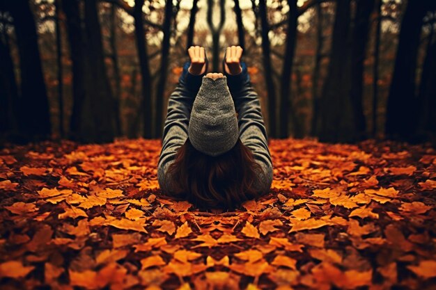 Foto mujer haciendo una postura de yoga de pie con vista al bosque