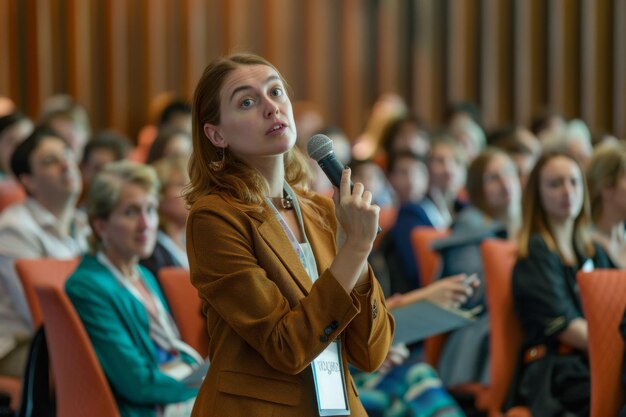 Mujer haciendo una pregunta en un seminario