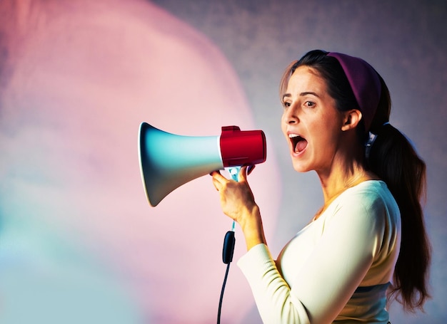 una mujer haciendo una promoción usando el altavoz