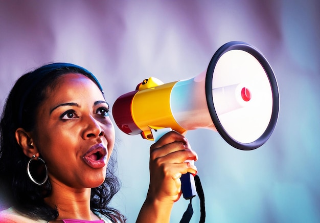 una mujer haciendo una promoción usando el altavoz