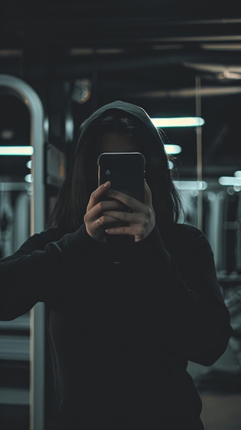 Foto mujer haciendo selfie en el gimnasio al estilo de un espejo estético instantáneo de color negro oscuro.