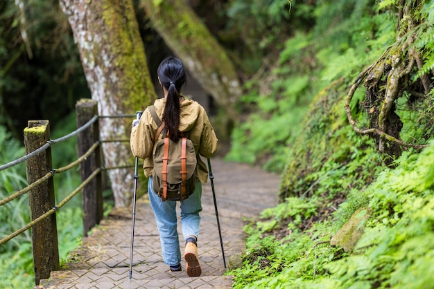 Foto mujer haciendo senderismo en el bosque de montaña