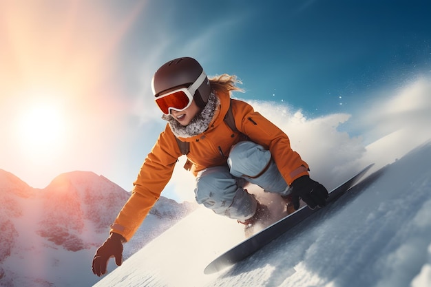 Mujer haciendo snowboard en una montaña nevada