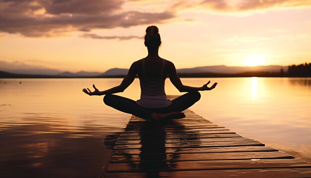 Mujer haciendo yoga al atardecer cerca del río