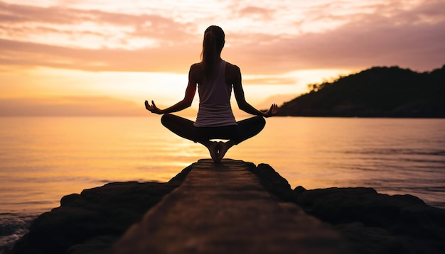 Mujer haciendo yoga al atardecer cerca del río