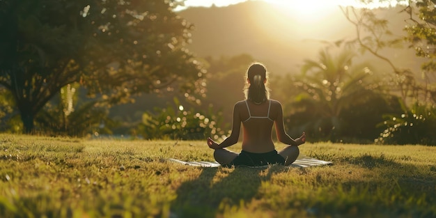 Una mujer haciendo yoga en un entorno al aire libre pacífico promoviendo el bienestar mental y físico