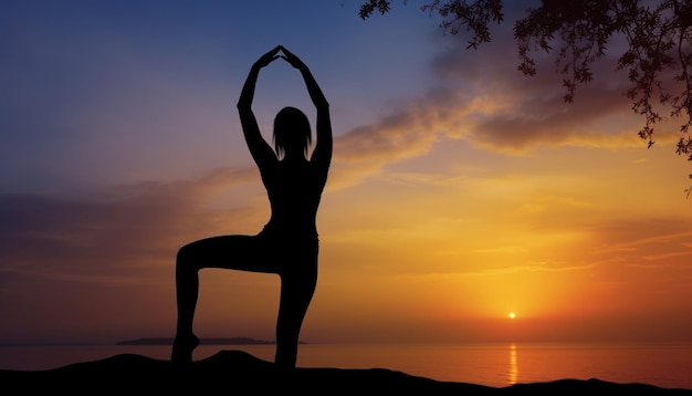 Una mujer haciendo yoga en un fondo de puesta de sol