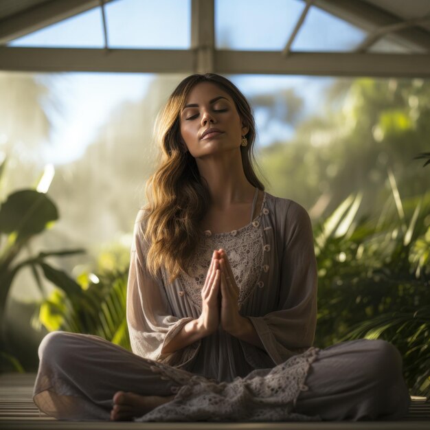 Una mujer haciendo yoga en una foto detallada.