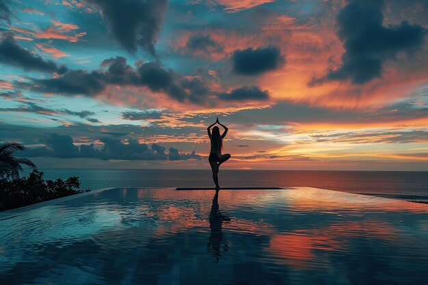 una mujer haciendo yoga frente a una puesta de sol con nubes en el fondo