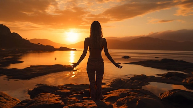 Foto una mujer haciendo yoga frente a una puesta de sol