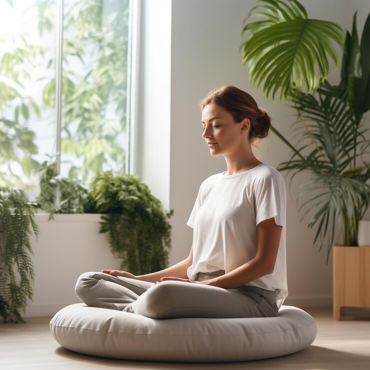 Foto una mujer haciendo yoga en la habitación
