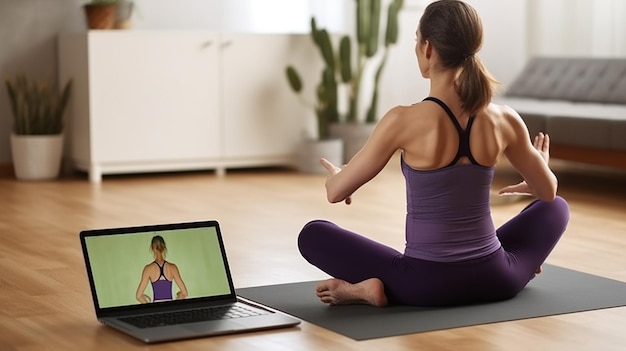 Foto una mujer haciendo yoga con una laptop en el suelo.