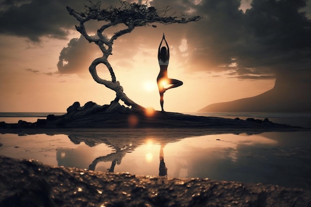 Una mujer haciendo yoga en una playa con un árbol al fondo.