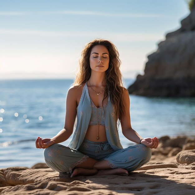 Mujer haciendo yoga relajarse en la naturaleza imagen generada por IA
